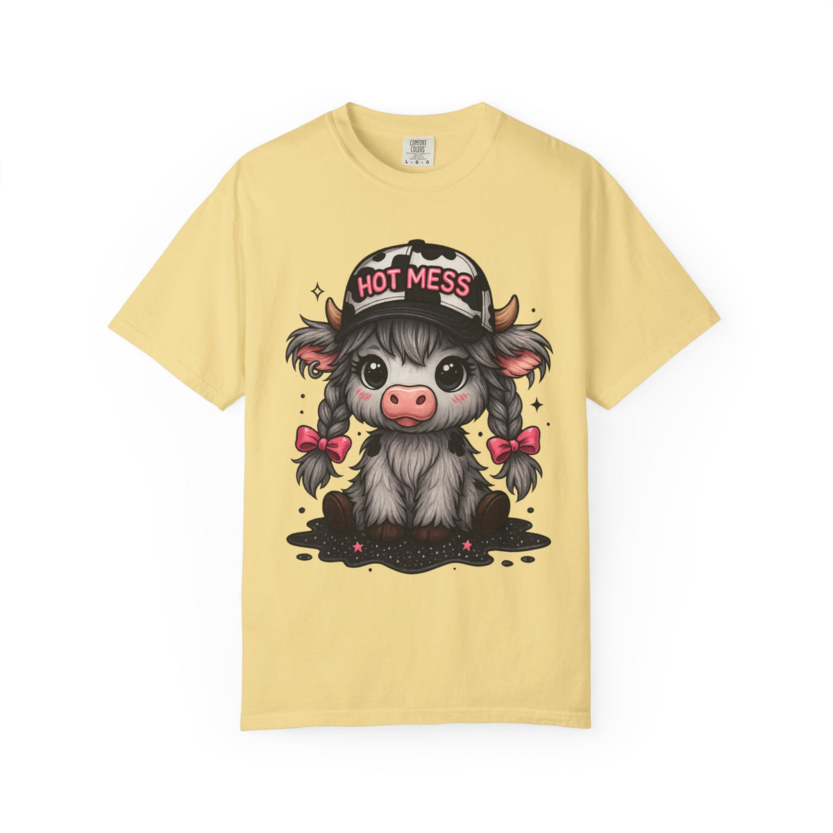 Cute Highland Cow 'Hot Mess' In Braids  - Comfort Colors | Trendy Women's T-Shirt. Direct to Garment. Printed & Shipped in the USA. Unisex Sizes.