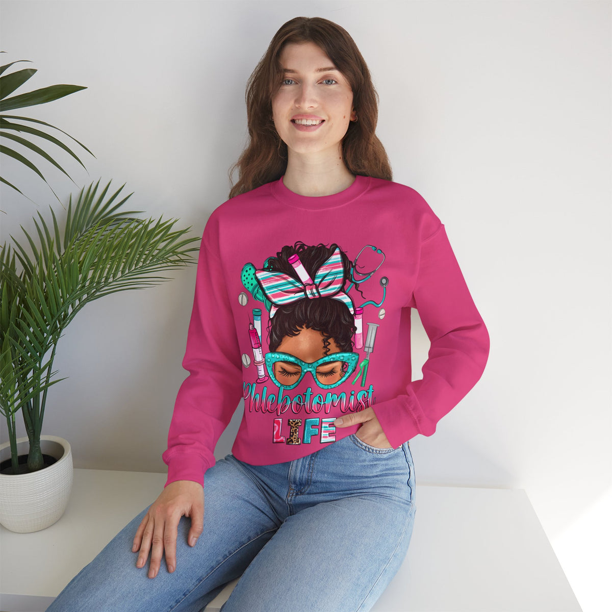Phlebotomist Life, Messy Bun – Gildan Heavy Blend | Trendy Women’s Soft Sweatshirt. Direct to Garment. Printed & Shipped in the USA. Unisex Sizes.