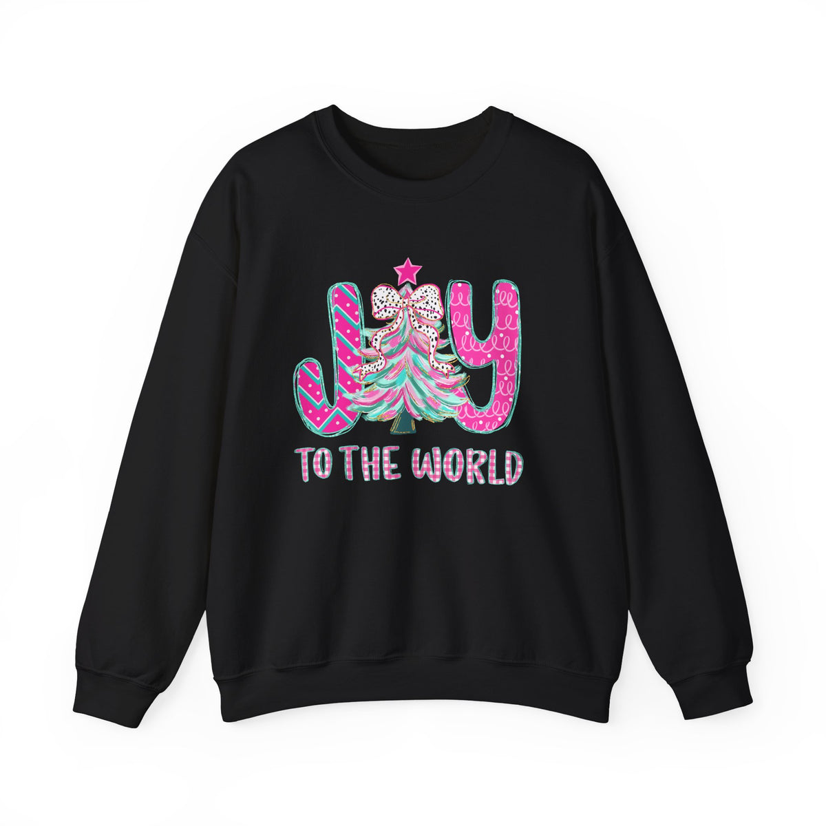Joy to the World w/Christmas Tree Pink and Teal – Gildan Heavy Blend | Trendy Women’s Soft Sweatshirt. Direct to Garment. Printed & Shipped in the USA. Unisex Sizes.