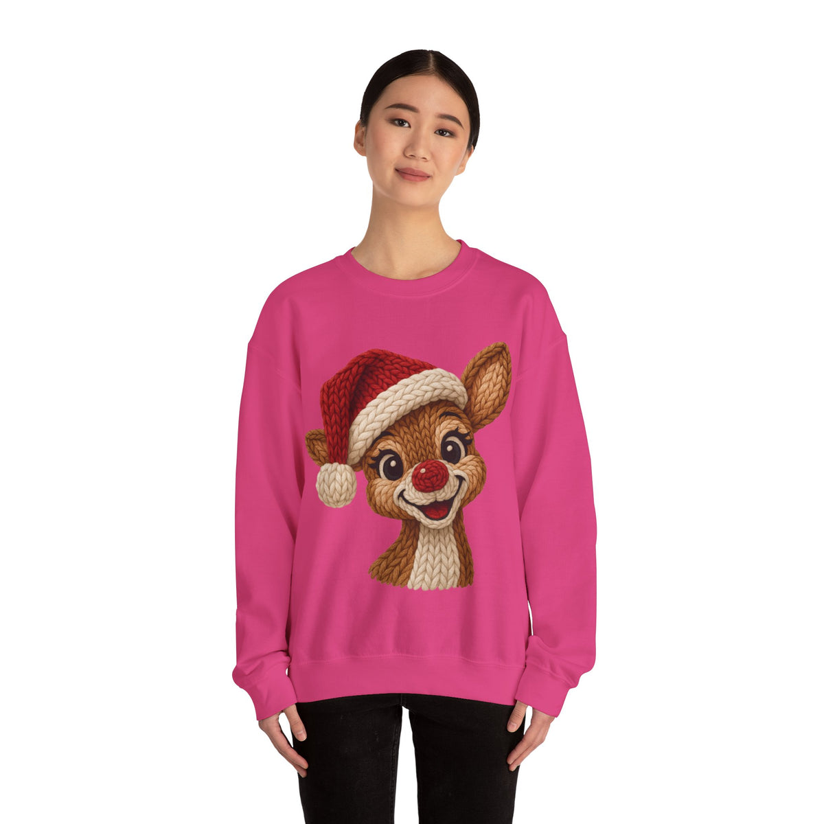 Cute Rudolph Faux Knit Look Reindeer w/Santa Hat – Gildan Heavy Blend | Trendy Women’s Soft Sweatshirt. Direct to Garment. Printed & Shipped in the USA. Unisex Sizes.