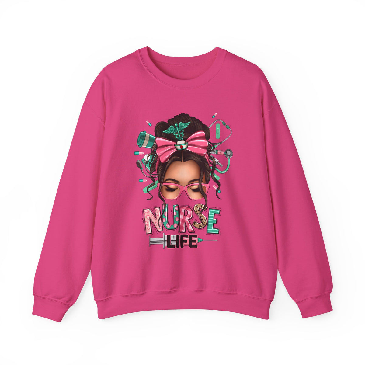 Nurse Life Messy Bun, Cute Stethescope & Syringe – Gildan Heavy Blend | Trendy Women’s Soft Sweatshirt. Direct to Garment. Printed & Shipped in the USA. Unisex Sizes.