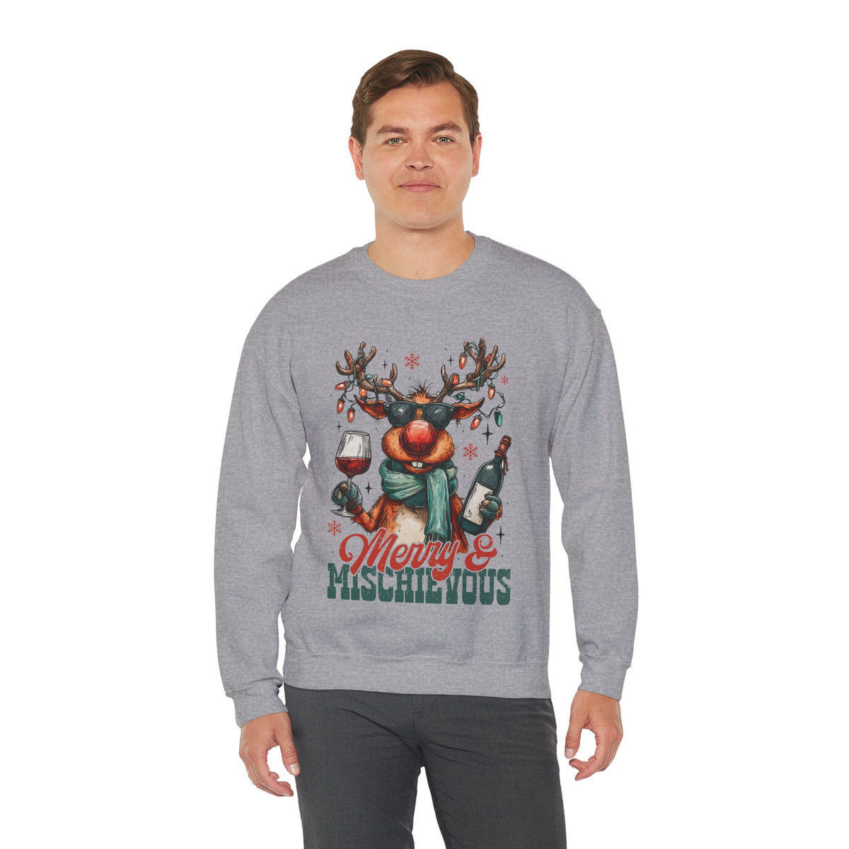Merry & Mischievous Reindeer – Gildan Heavy Blend | Trendy Women’s and Men's Soft Sweatshirt. Direct to Garment. Printed & Shipped in the USA. Unisex Sizes.