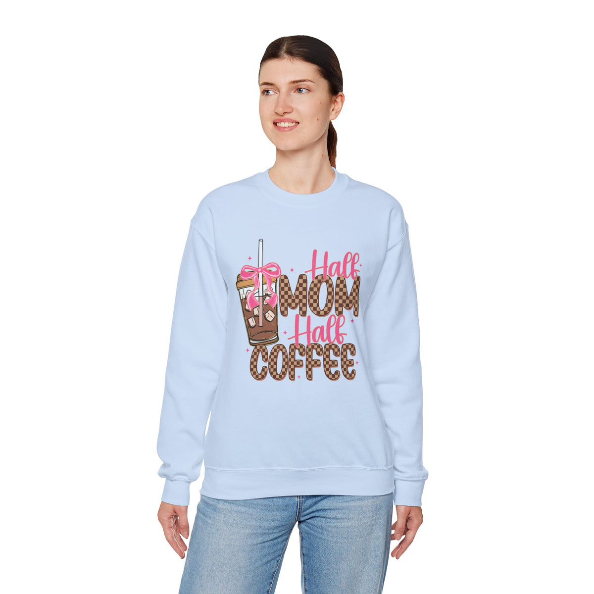 Half Mom Half Coffee, Cute Leopard Print Coffee Design – Gildan Heavy Blend | Trendy Women’s Soft Sweatshirt. Direct to Garment. Printed & Shipped in the USA. Unisex Sizes.