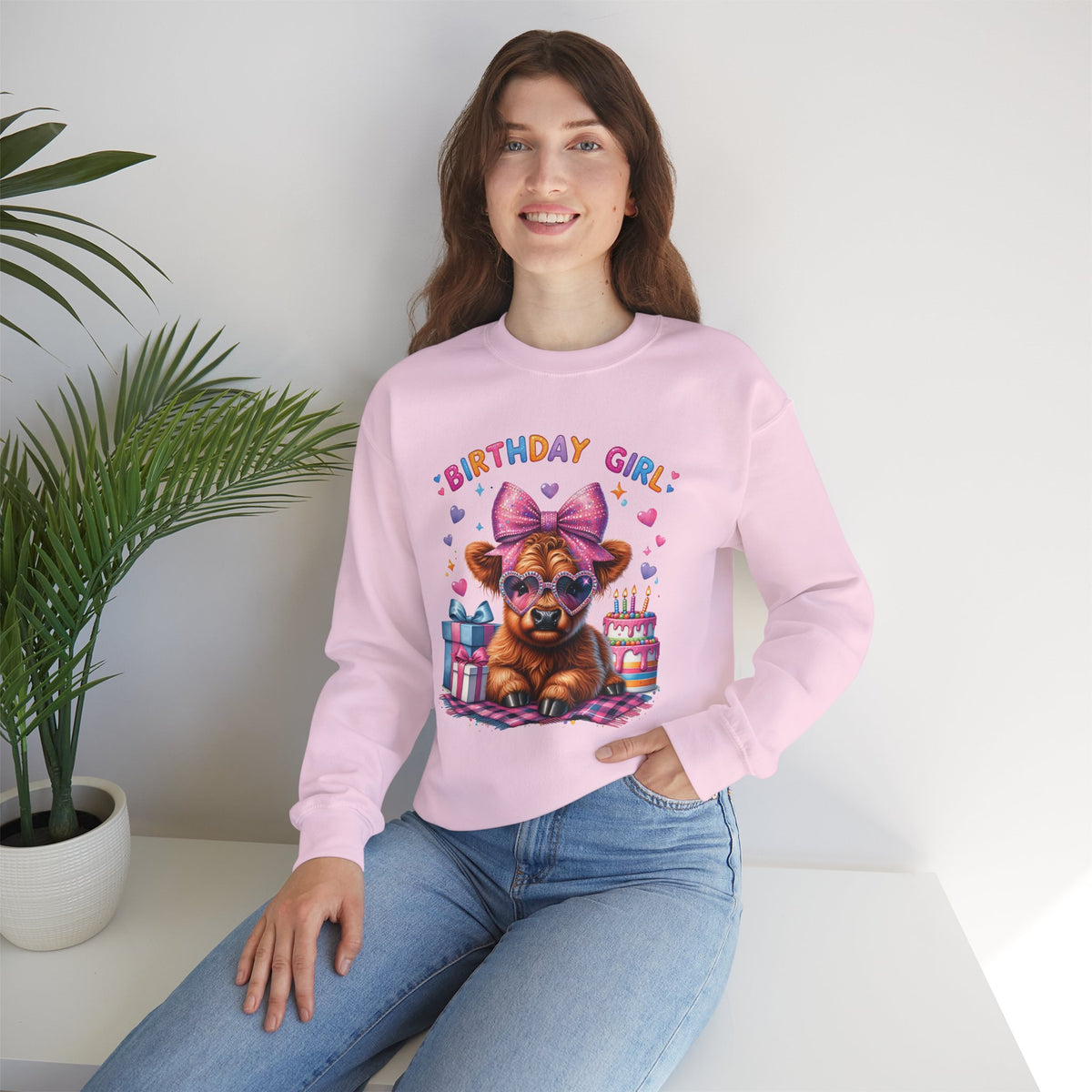 Birthday Girl, Highland Cow – Gildan Heavy Blend | Trendy Women’s Soft Sweatshirt. Direct to Garment. Printed & Shipped in the USA. Unisex Sizes.