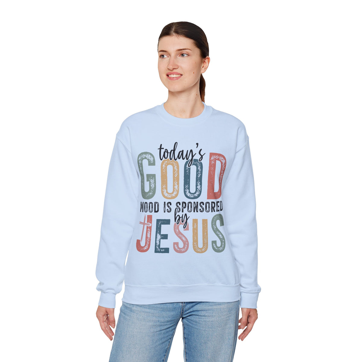 Today's Good Mood Sponsored By Jesus, Christian, Faith – Gildan Heavy Blend | Trendy Women’s Soft Sweatshirt. Direct to Garment. Printed & Shipped in the USA. Unisex Sizes.