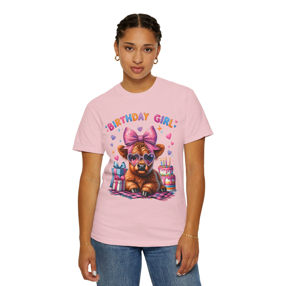 Birthday Girl, Highland Cow - Comfort Colors | Trendy Women's T-Shirt. Direct to Garment. Printed & Shipped in the USA. Unisex Sizes.