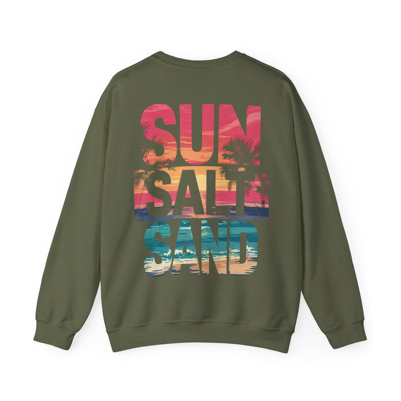 Sun Salt Sand, Beach Sunset - Front & Back Print – Gildan Heavy Blend | Trendy Women’s and Men's Soft Sweatshirt. Direct to Garment. Printed & Shipped in the USA. Unisex Sizes.
