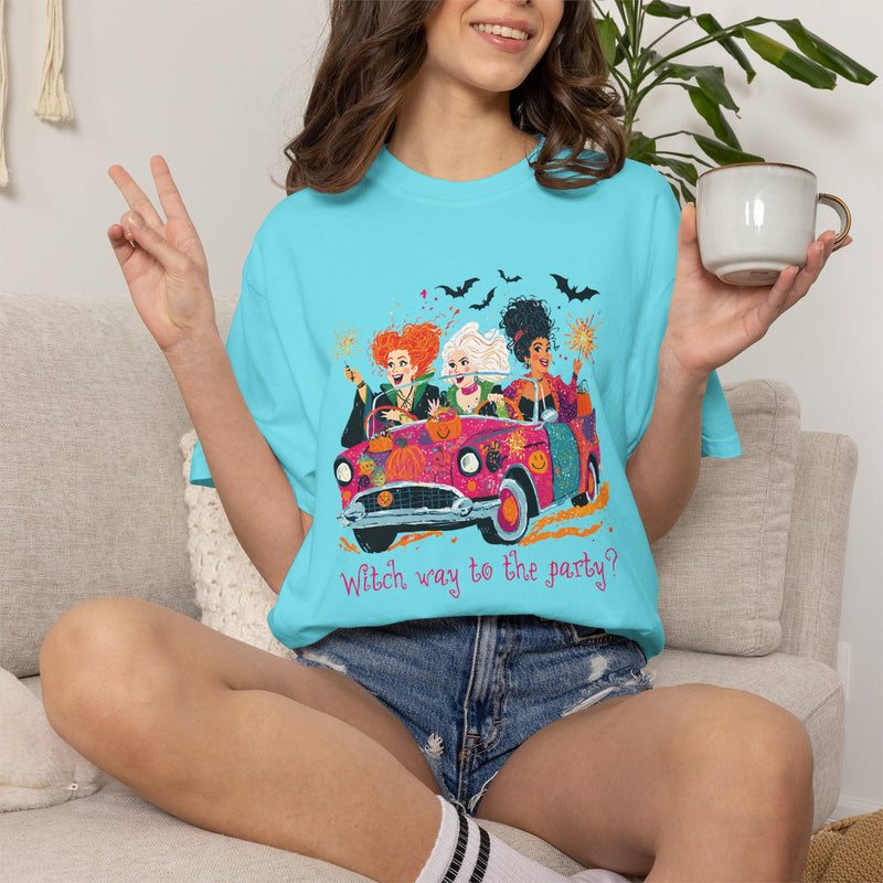 Witch Way to the Party? - Comfort Colors | Trendy Women's T-Shirt. Direct to Garment. Printed & Shipped in the USA. Unisex Sizes.