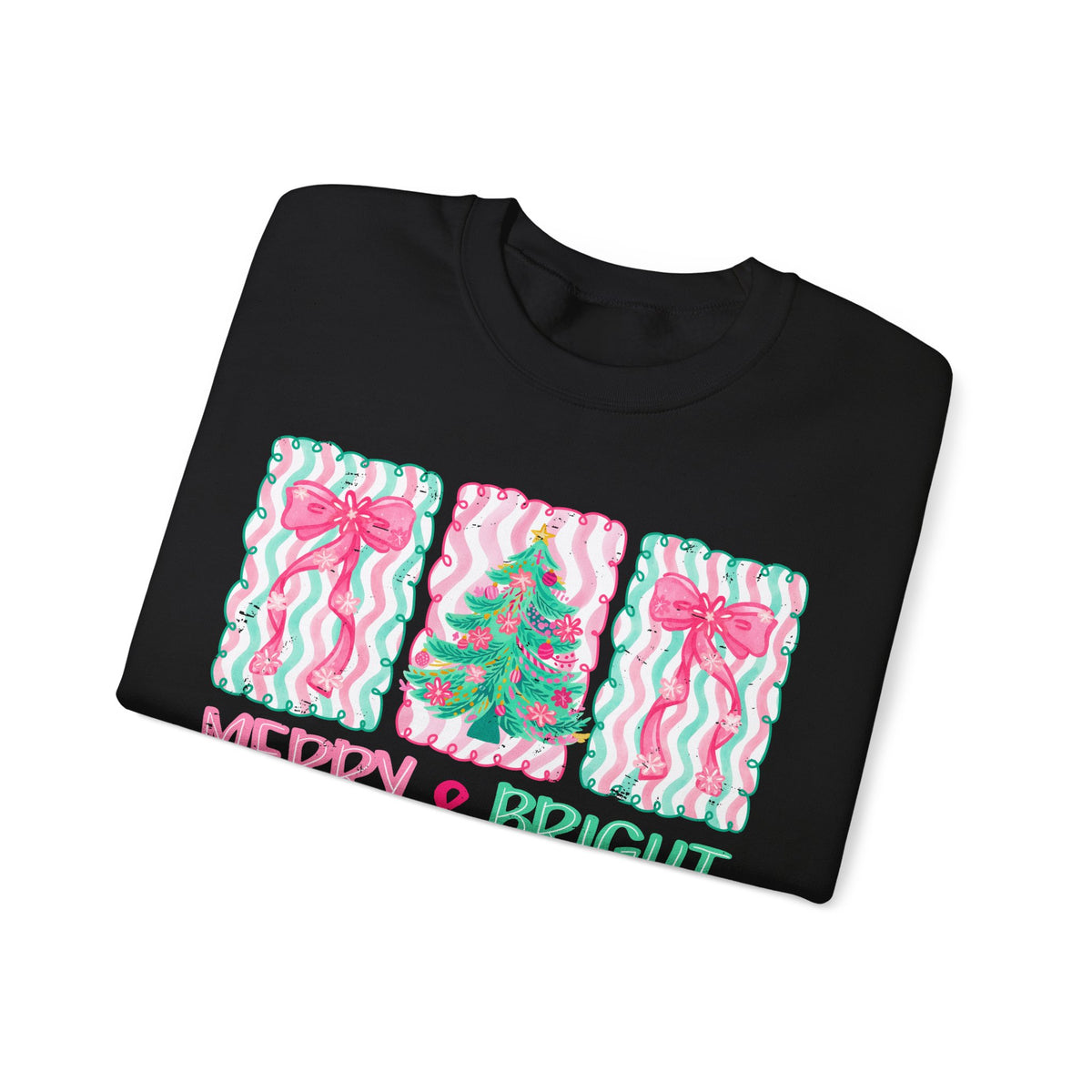 Merry & Bright Christmas - Pink & Green Holiday Tree Design – Gildan Heavy Blend | Trendy Women’s Soft Sweatshirt. Direct to Garment. Printed & Shipped in the USA. Unisex Sizes.