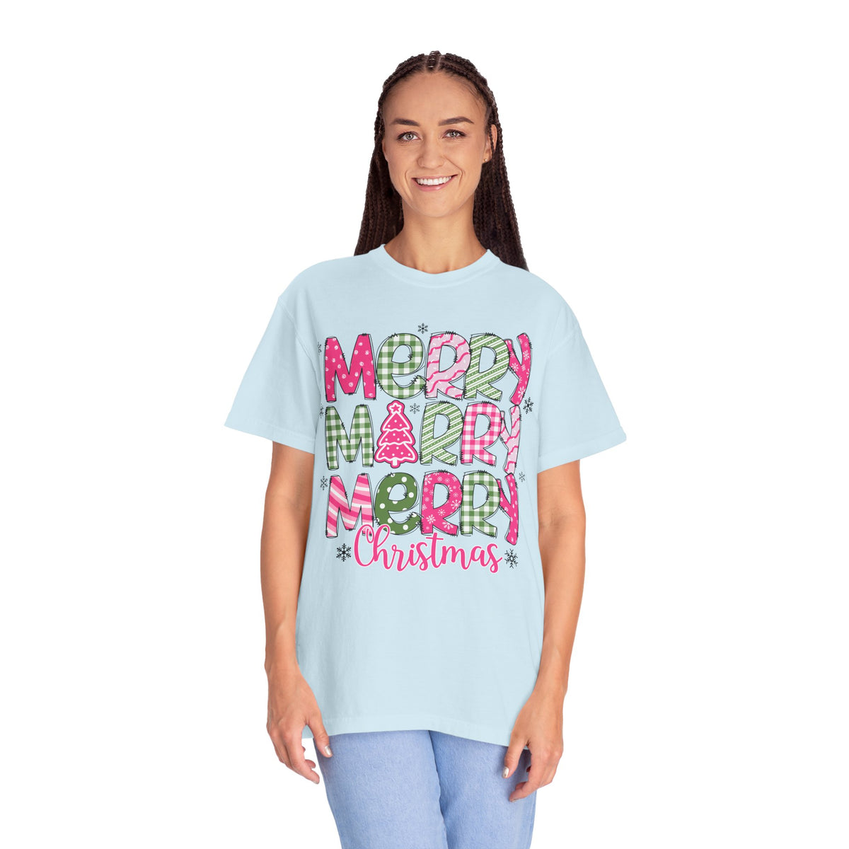 Merry Merry Merry Christmas, Festive Candy Cane & Pink and Green Plaid - Comfort Colors | Trendy Women's T-Shirt. Direct to Garment. Printed & Shipped in the USA. Unisex Sizes.