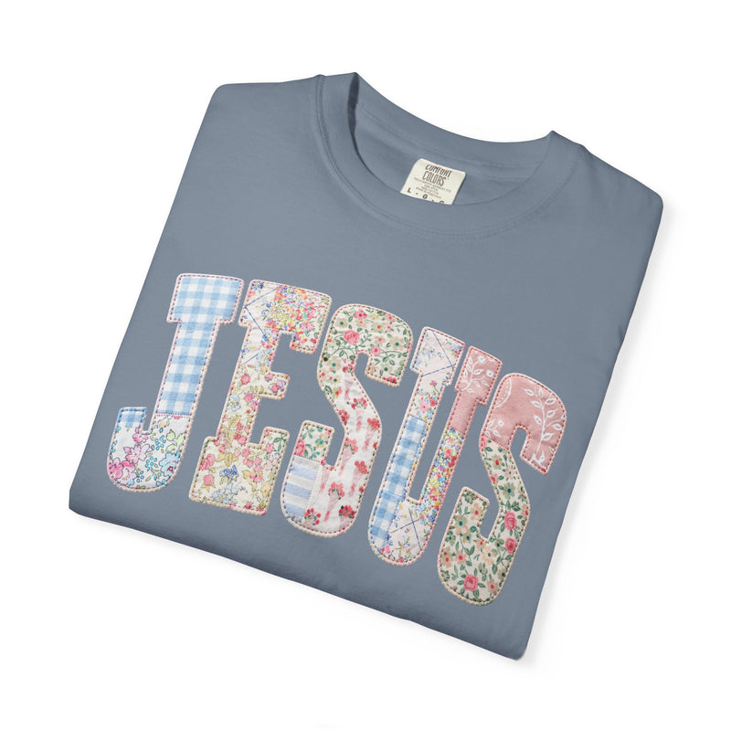 Jesus faux Patchwork - Comfort Colors | Trendy Women's T-Shirt. Direct to Garment. Printed & Shipped in the USA. Unisex Sizes.