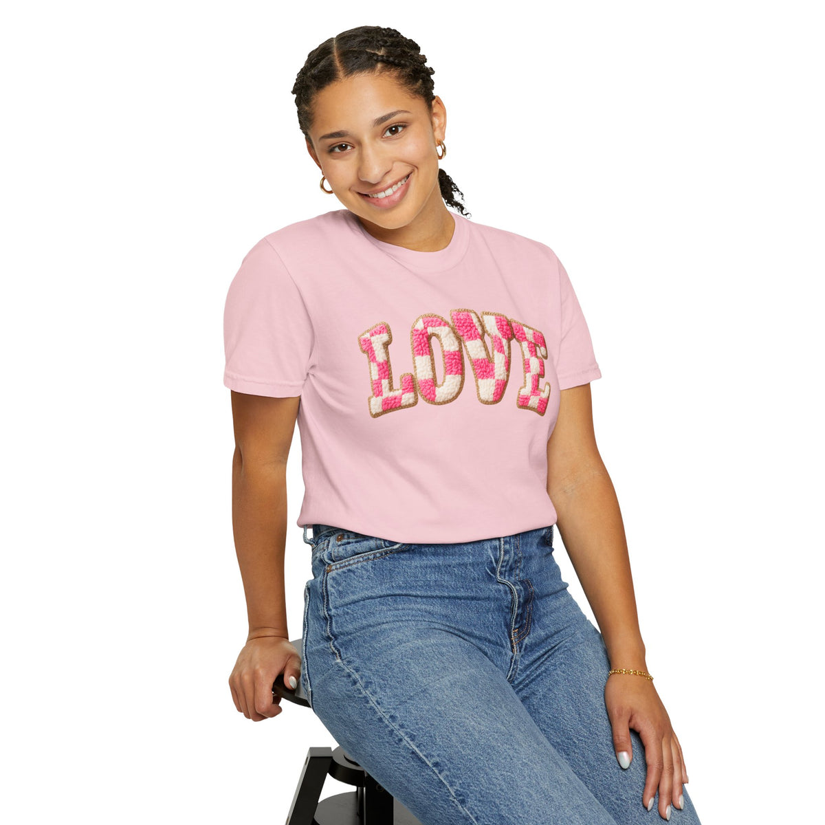 Faux Crochet Checkered LOVE - Comfort Colors | Trendy Women's T-Shirt. Direct to Garment. Printed & Shipped in the USA. Unisex Sizes.
