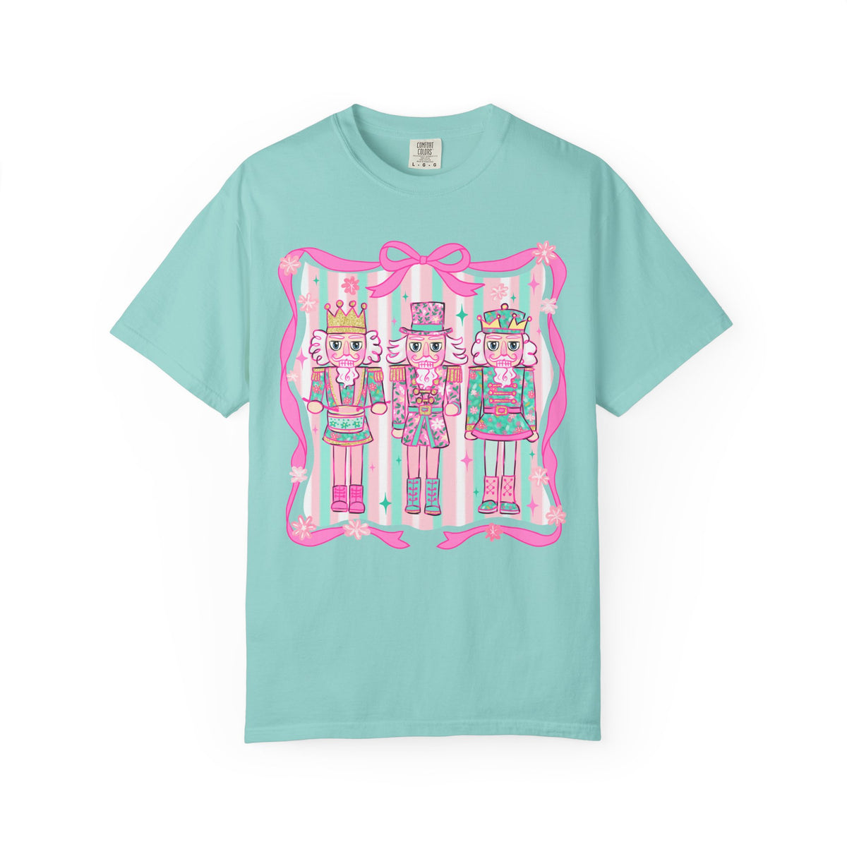 Coquette Pastel Christmas Nutcracker Trio Pink and Green - Comfort Colors | Trendy Women's T-Shirt. Direct to Garment. Printed & Shipped in the USA. Unisex Sizes.