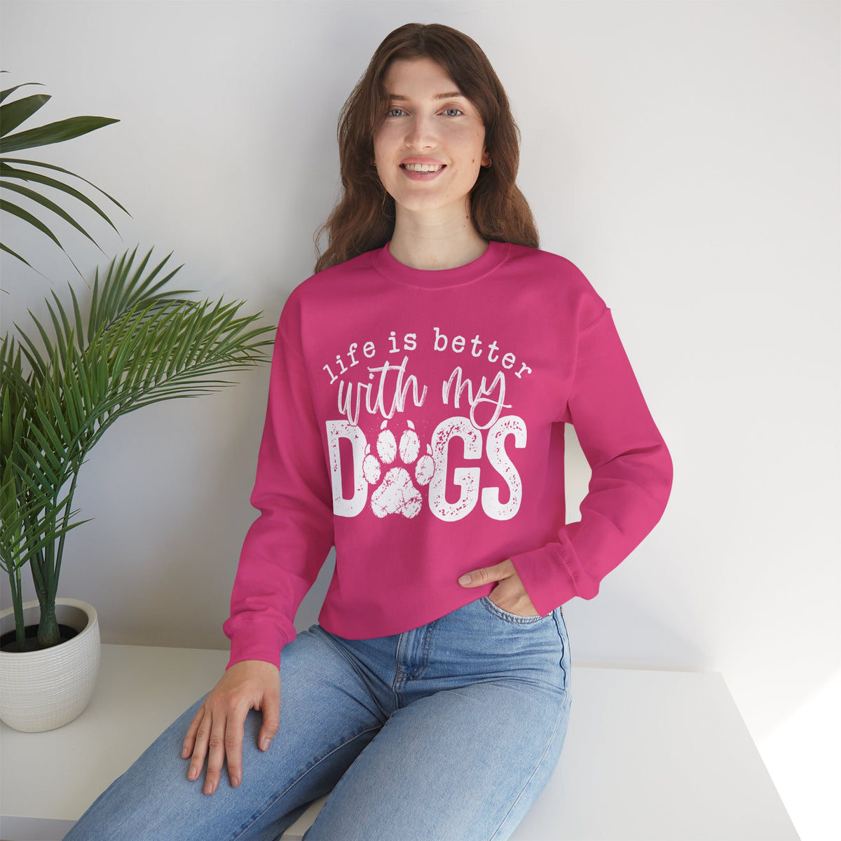 Life Is Better With My Dogs, Distressed – Gildan Heavy Blend | Trendy Women’s and Men's Soft Sweatshirt. Direct to Garment. Printed & Shipped in the USA. Unisex Sizes.