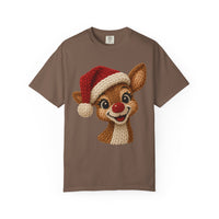 Cute Rudolph Faux Knit Look Reindeer w/Santa Hat - Comfort Colors | Trendy Women's T-Shirt. Direct to Garment. Printed & Shipped in the USA. Unisex Sizes.
