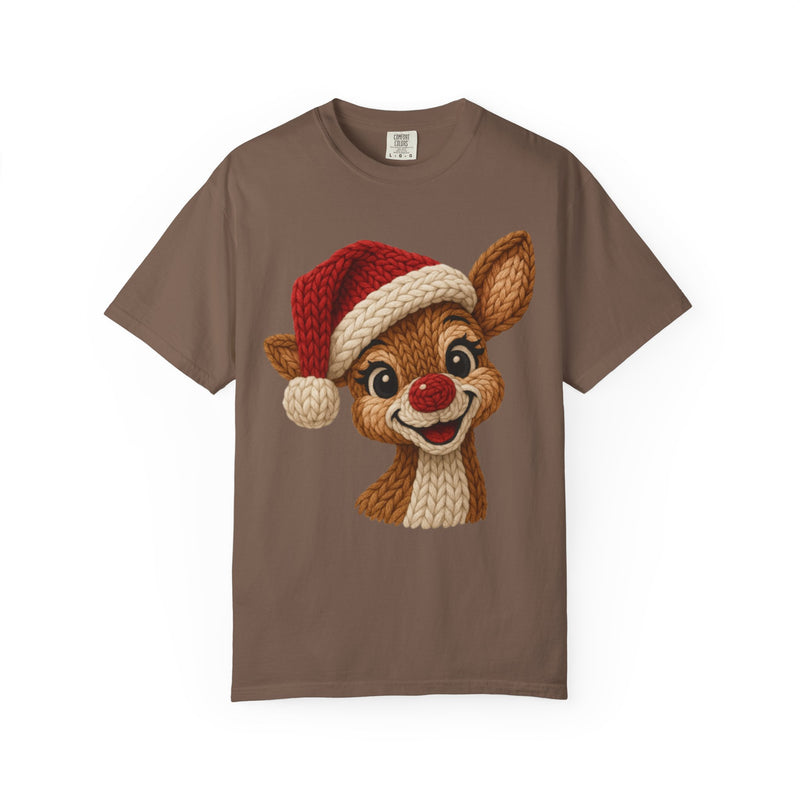 Cute Rudolph Faux Knit Look Reindeer w/Santa Hat - Comfort Colors | Trendy Women's T-Shirt. Direct to Garment. Printed & Shipped in the USA. Unisex Sizes.