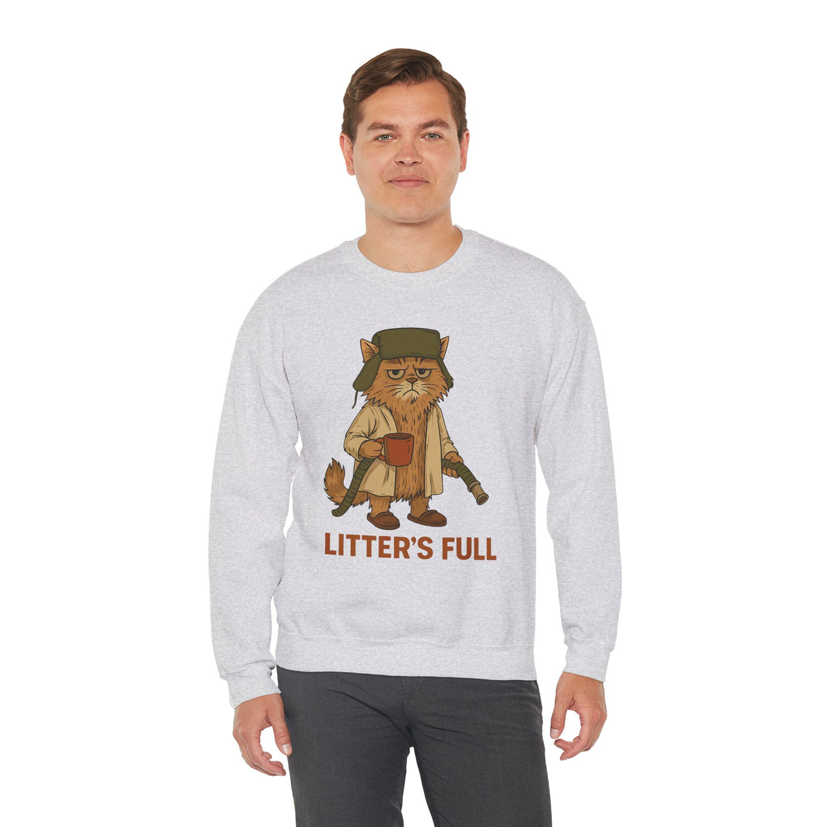 Litter's Full, Funny Cat – Gildan Heavy Blend | Trendy Men's and Women’s Soft Sweatshirt. Direct to Garment. Printed & Shipped in the USA. Unisex Sizes.