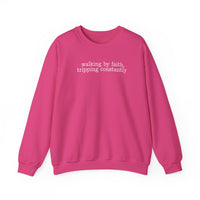 Walking By Faith, Tripping Constantly - Minimalist Design – Gildan Heavy Blend | Trendy Men's and Women’s Soft Sweatshirt. Direct to Garment. Printed & Shipped in the USA. Unisex Sizes.