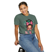 Nurse Life Messy Bun, Cute Stethoscope & Syringe - Comfort Colors | Trendy Women's T-Shirt. Direct to Garment. Printed & Shipped in the USA. Unisex Sizes.