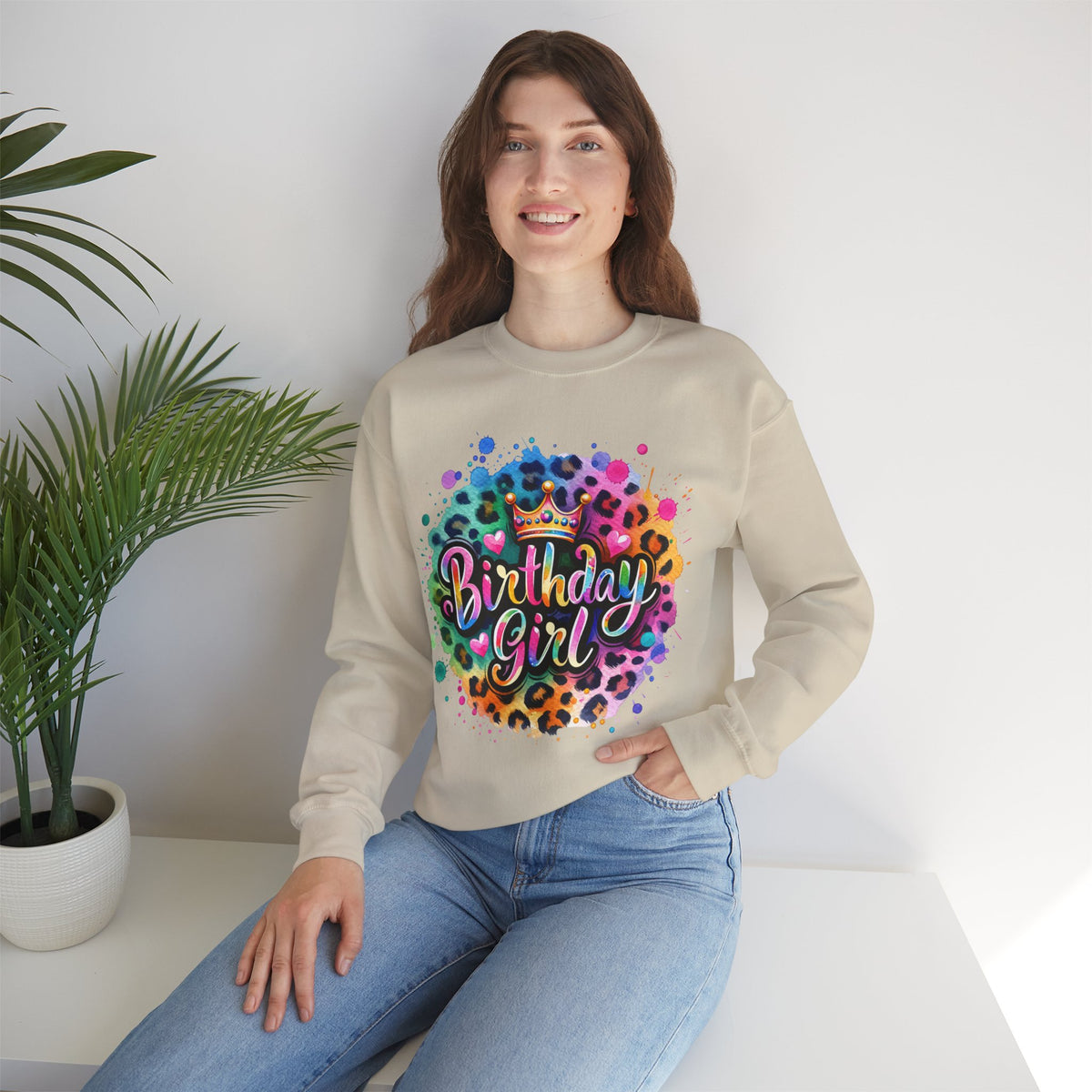 Birthday Girl, Neon Leopard – Gildan Heavy Blend | Trendy Women’s Soft Sweatshirt. Direct to Garment. Printed & Shipped in the USA. Unisex Sizes.