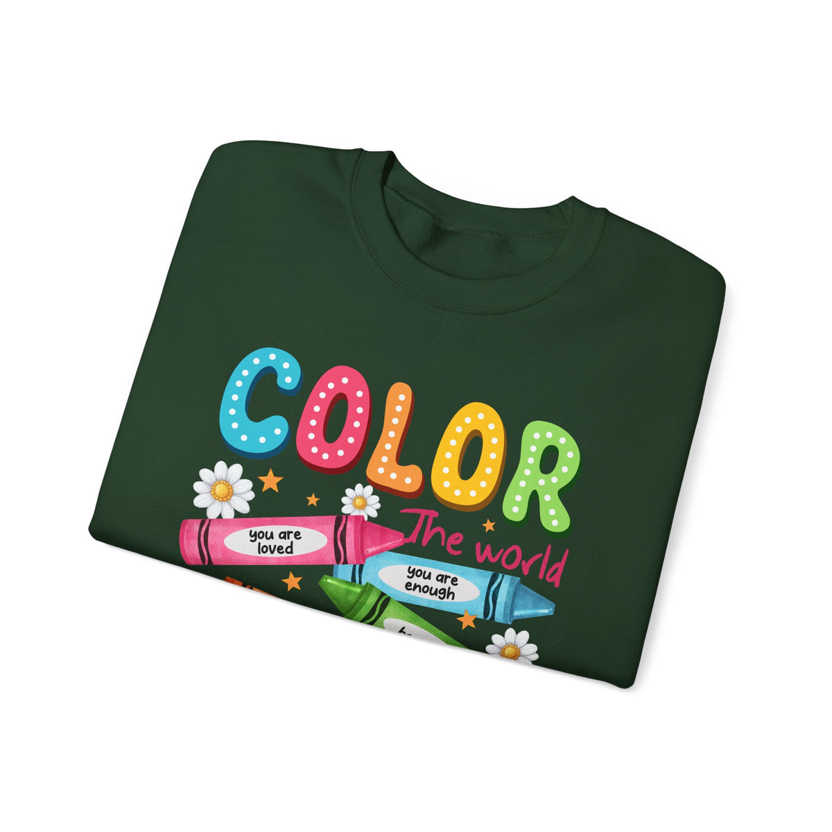 Color the World With Kindness Crayons, Great Teacher Gift – Gildan Heavy Blend | Trendy Women’s and Men's Soft Sweatshirt. Direct to Garment. Printed & Shipped in the USA. Unisex Sizes.