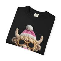 Faux Crochet Highland Cow Bubblegum - Comfort Colors | Trendy Women's T-Shirt. Direct to Garment. Printed & Shipped in the USA. Unisex Sizes.