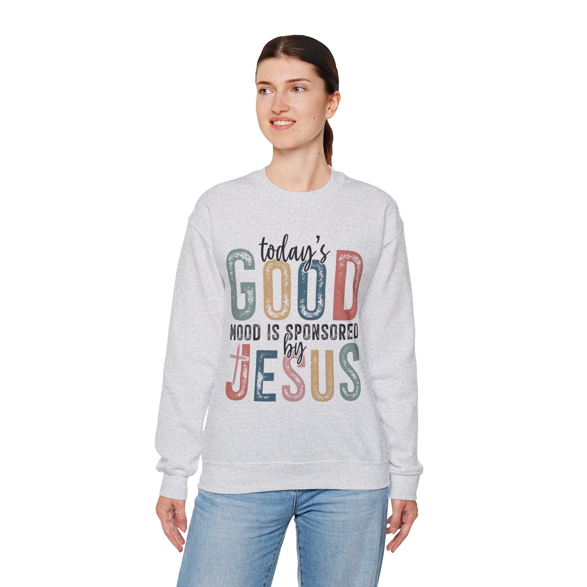 Today's Good Mood Sponsored By Jesus, Christian, Faith – Gildan Heavy Blend | Trendy Women’s Soft Sweatshirt. Direct to Garment. Printed & Shipped in the USA. Unisex Sizes.