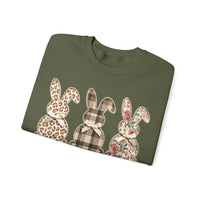 Easter Bunny Trio, Leopard, Plaid & Floral - Faux Pearl Outline – Gildan Heavy Blend | Trendy Women’s Soft Sweatshirt. Direct to Garment. Printed & Shipped in the USA. Unisex Sizes.