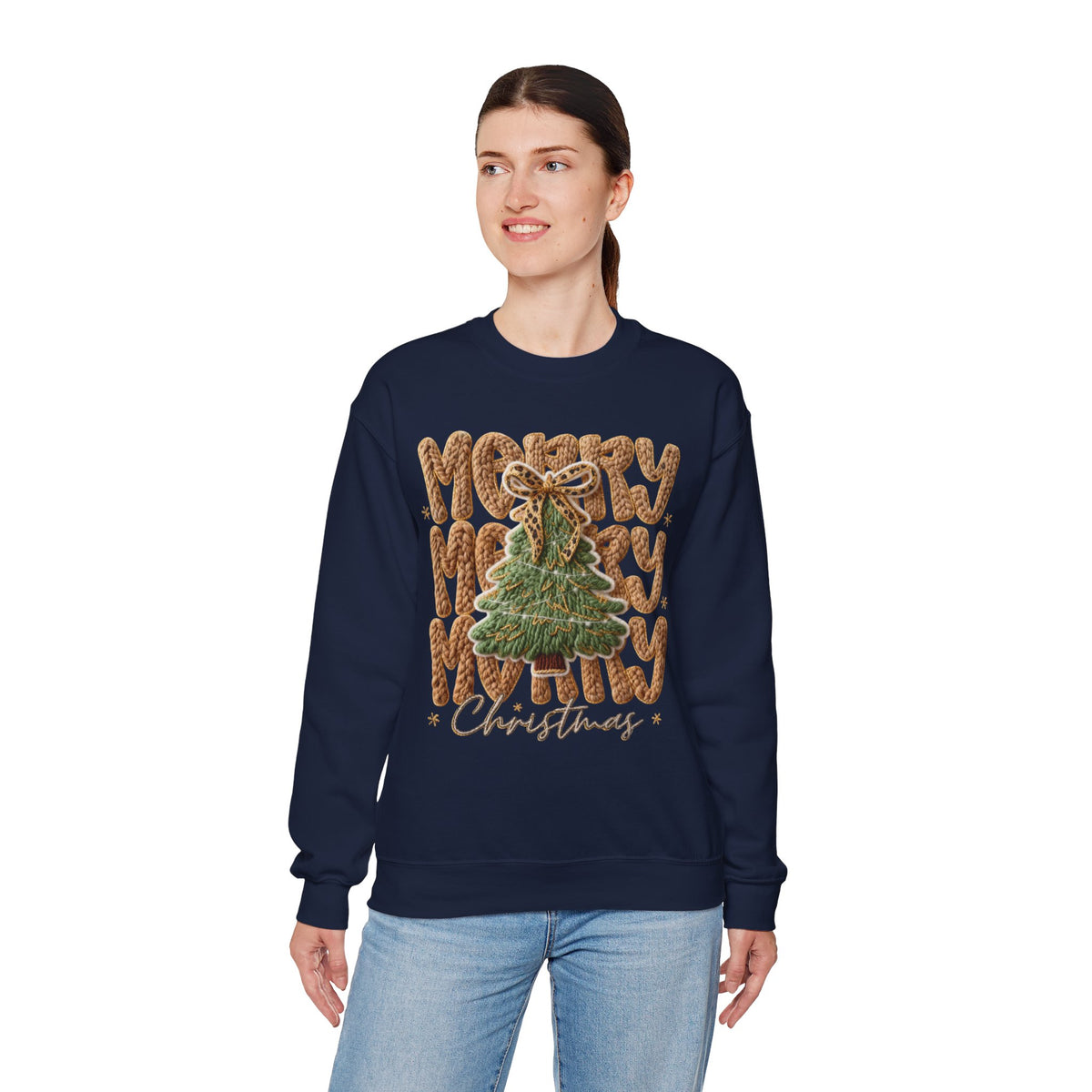 Merry Merry Merry Christmas, Faux Latch Hook Yarn – Gildan Heavy Blend | Trendy Women’s Soft Sweatshirt. Direct to Garment. Printed & Shipped in the USA. Unisex Sizes.