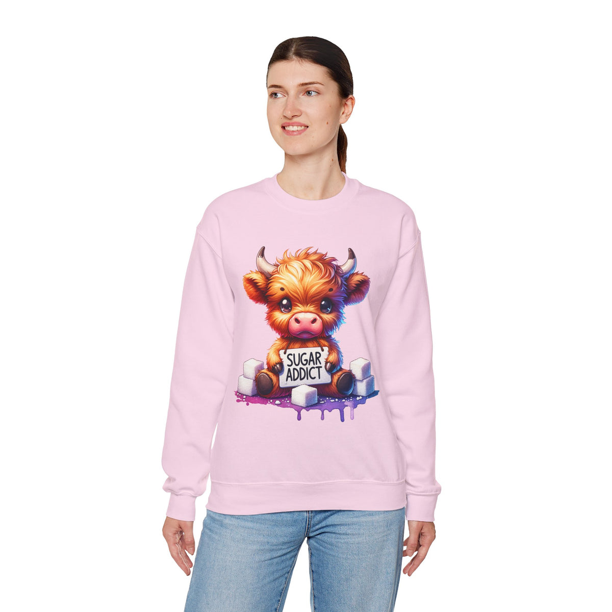 Sugar Addict Highland Cow – Gildan Heavy Blend | Trendy Women’s Soft Sweatshirt. Direct to Garment. Printed & Shipped in the USA. Unisex Sizes.