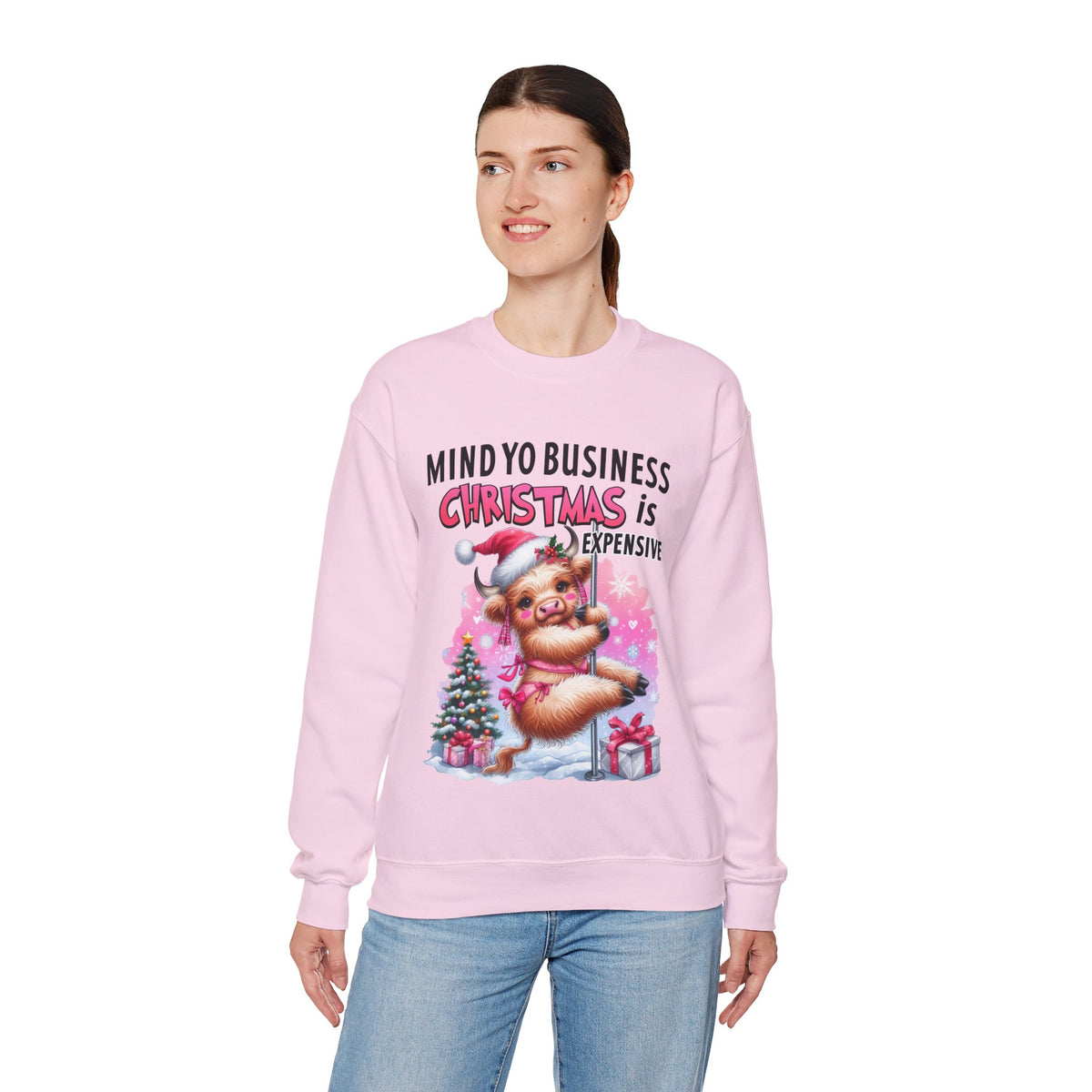 Highland Cow Mind Yo Business Christmas is Expensive – Gildan Heavy Blend | Trendy Women’s Soft Sweatshirt. Direct to Garment. Printed & Shipped in the USA. Unisex Sizes.