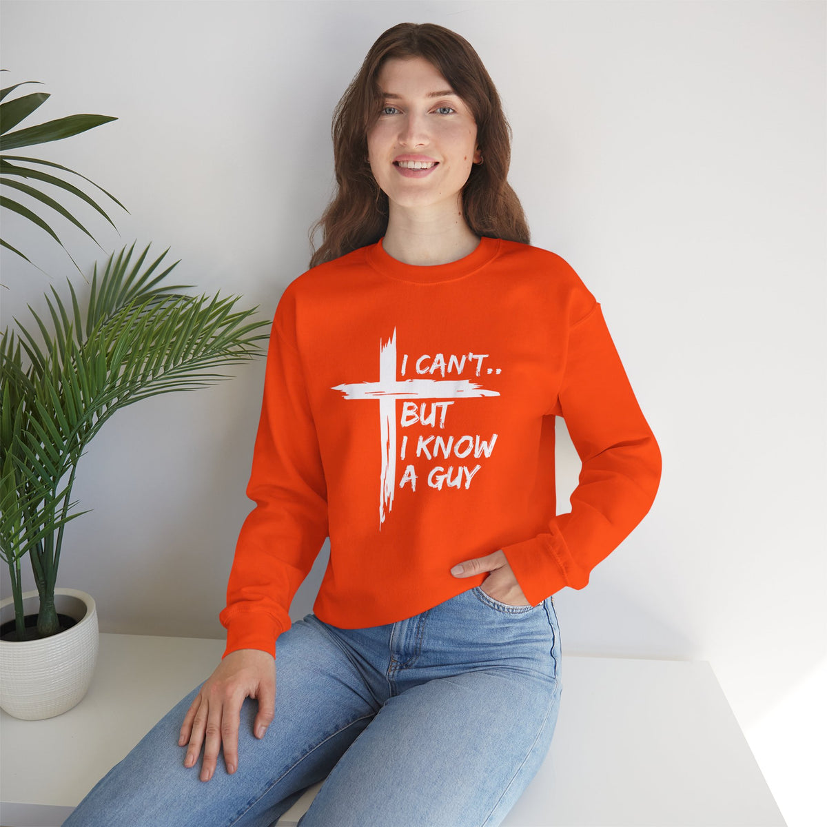 I Can't But I Know A Guy, Faith Cross Christian Jesus – Gildan Heavy Blend | Trendy Women’s and Men's Soft Sweatshirt. Direct to Garment. Printed & Shipped in the USA. Unisex Sizes.