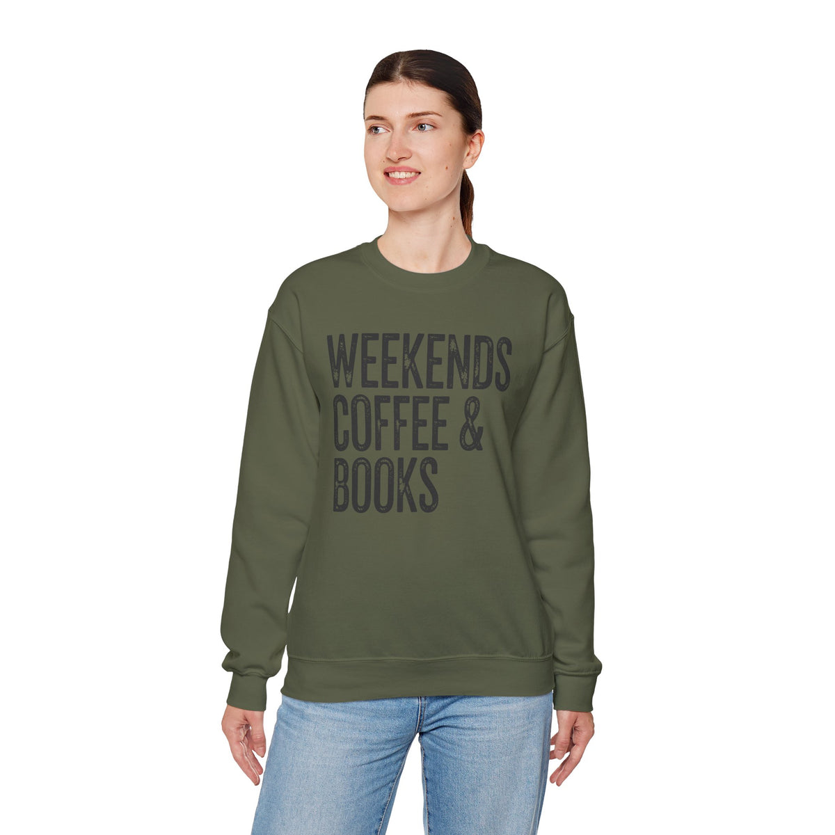 Weekends, Coffee & Books, Vintage – Gildan Heavy Blend | Trendy Women’s and Men's Soft Sweatshirt. Direct to Garment. Printed & Shipped in the USA. Unisex Sizes.