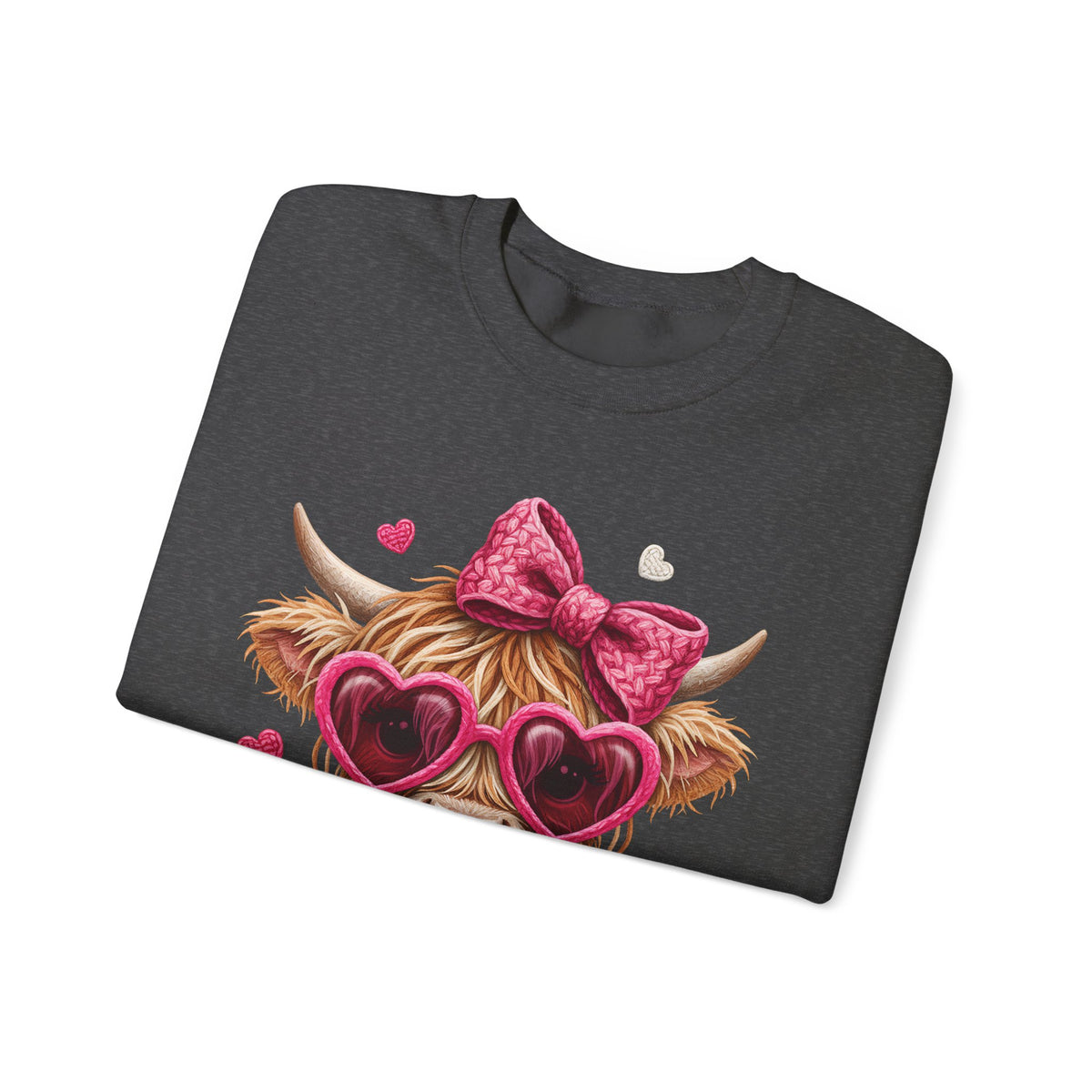 Highland Cow - Pink Heart Shaped Glasses – Gildan Heavy Blend | Trendy Women’s Soft Sweatshirt. Direct to Garment. Printed & Shipped in the USA. Unisex Sizes.