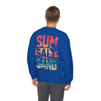 Sun Salt Sand, Beach Sunset - Front & Back Print – Gildan Heavy Blend | Trendy Women’s and Men's Soft Sweatshirt. Direct to Garment. Printed & Shipped in the USA. Unisex Sizes.