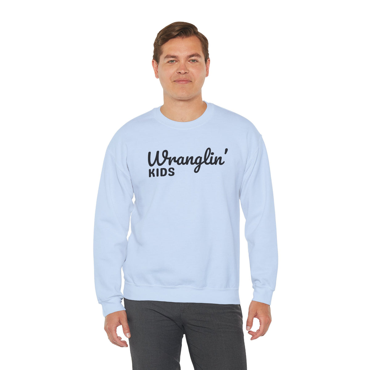 Wranglin' Kids Funny Mom Dad – Gildan Heavy Blend | Trendy Women’s and Men's Soft Sweatshirt. Direct to Garment. Printed & Shipped in the USA. Unisex Sizes.