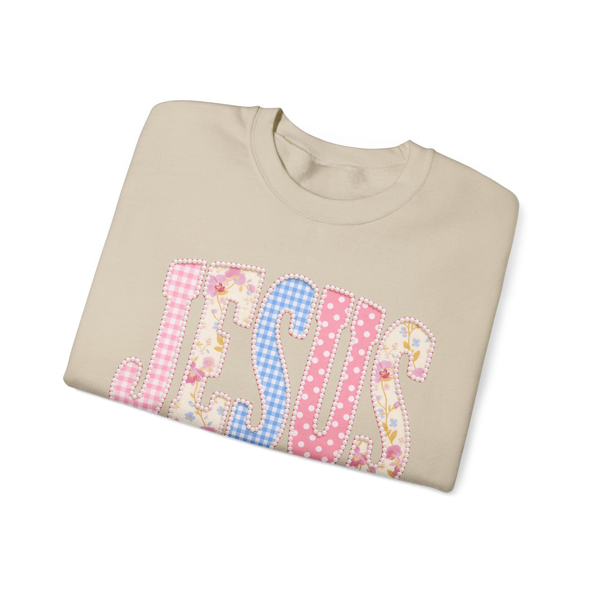 JESUS Pastel Faux Patchwork – Gildan Heavy Blend | Trendy Women’s Soft Sweatshirt. Direct to Garment. Printed & Shipped in the USA. Unisex Sizes.