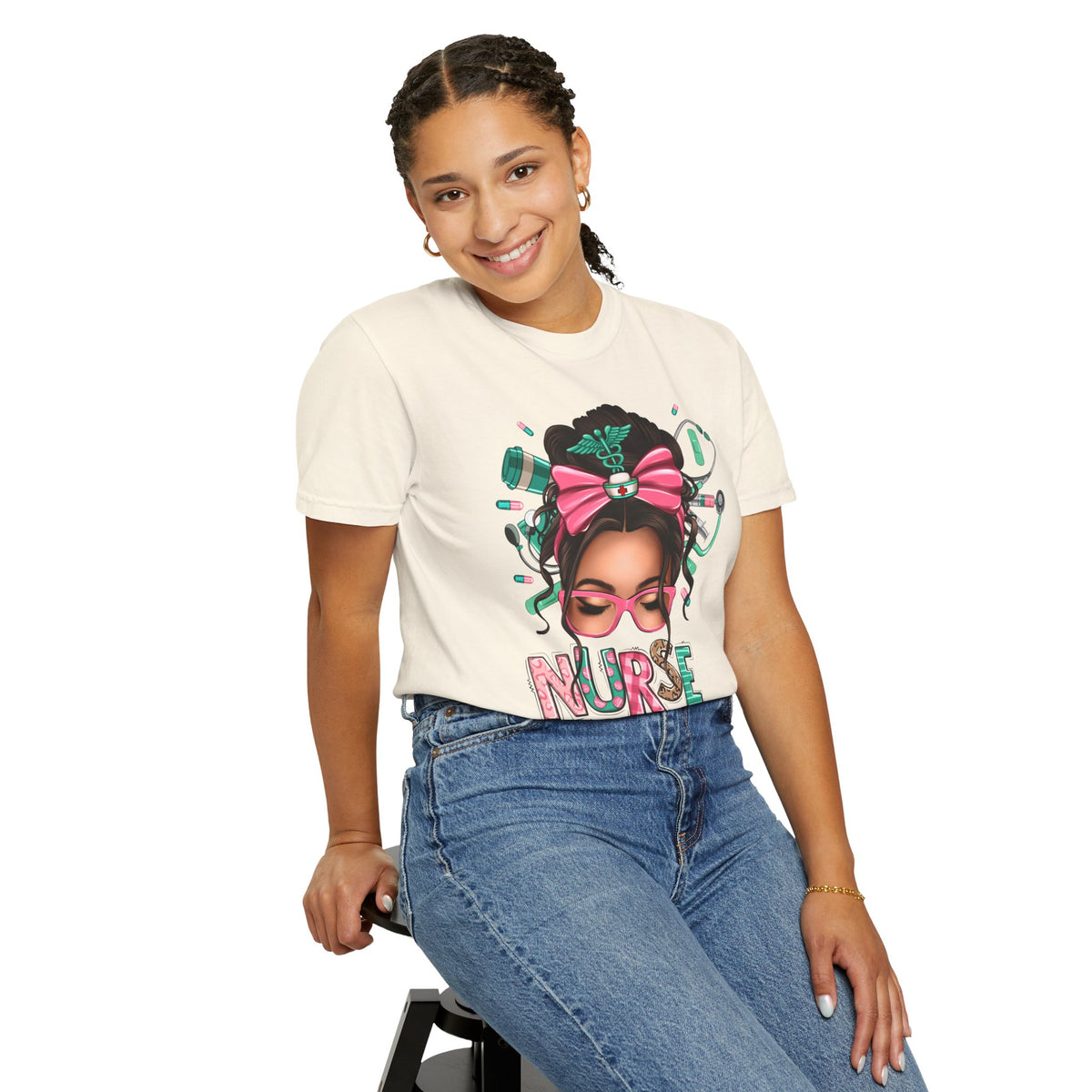 Nurse Life Messy Bun, Cute Stethoscope & Syringe - Comfort Colors | Trendy Women's T-Shirt. Direct to Garment. Printed & Shipped in the USA. Unisex Sizes.