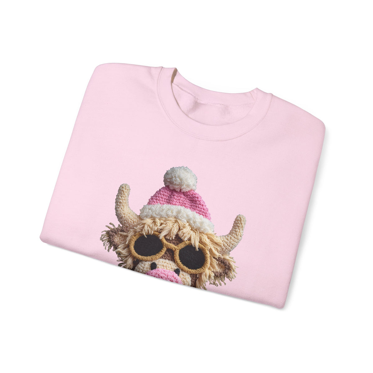Faux Crochet Highland Cow Bubblegum – Gildan Heavy Blend | Trendy Women’s Soft Sweatshirt. Direct to Garment. Printed & Shipped in the USA. Unisex Sizes.