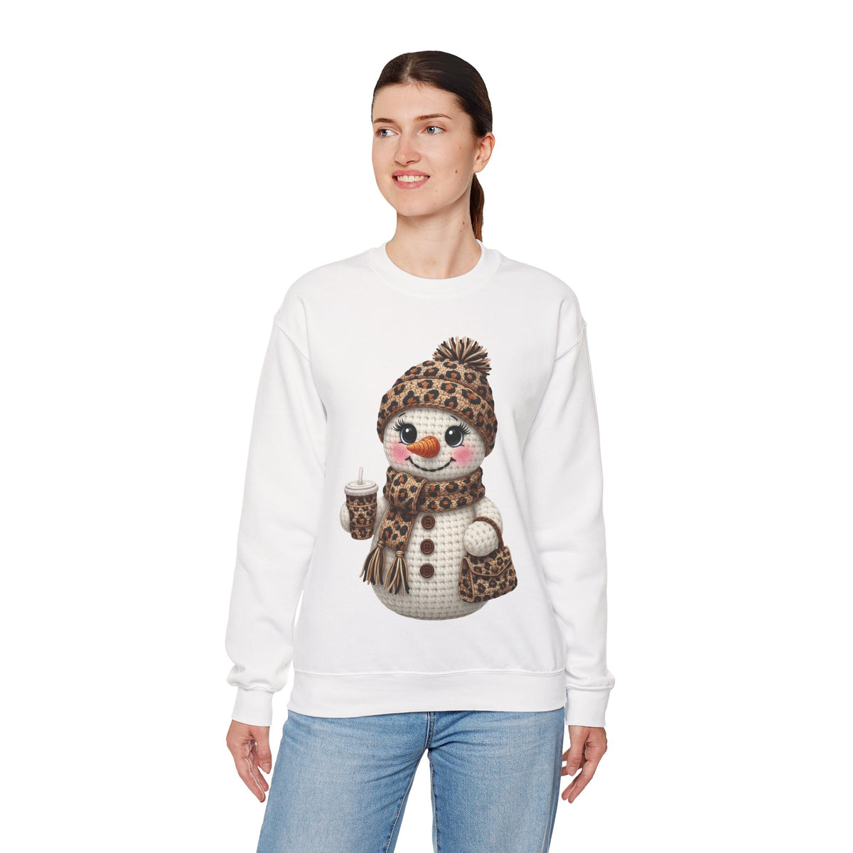 Leopard Snowman - Leopard Purse, Drink, Hat & Scarf – Gildan Heavy Blend | Trendy Women’s Soft Sweatshirt. Direct to Garment. Printed & Shipped in the USA. Unisex Sizes.