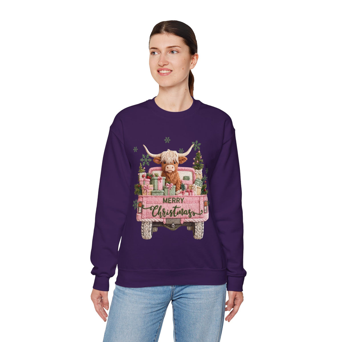 Highland Cow in Pink Truck Merry Christmas Holiday Farmhouse – Gildan Heavy Blend | Trendy Women’s Soft Sweatshirt. Direct to Garment. Printed & Shipped in the USA. Unisex Sizes.