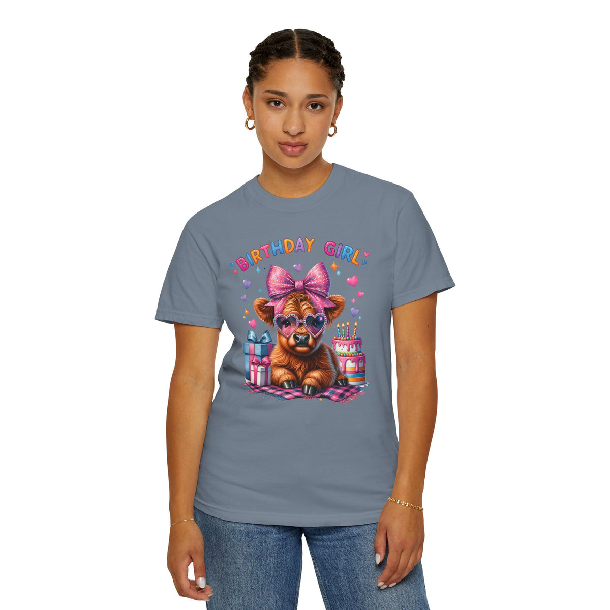 Birthday Girl, Highland Cow - Comfort Colors | Trendy Women's T-Shirt. Direct to Garment. Printed & Shipped in the USA. Unisex Sizes.
