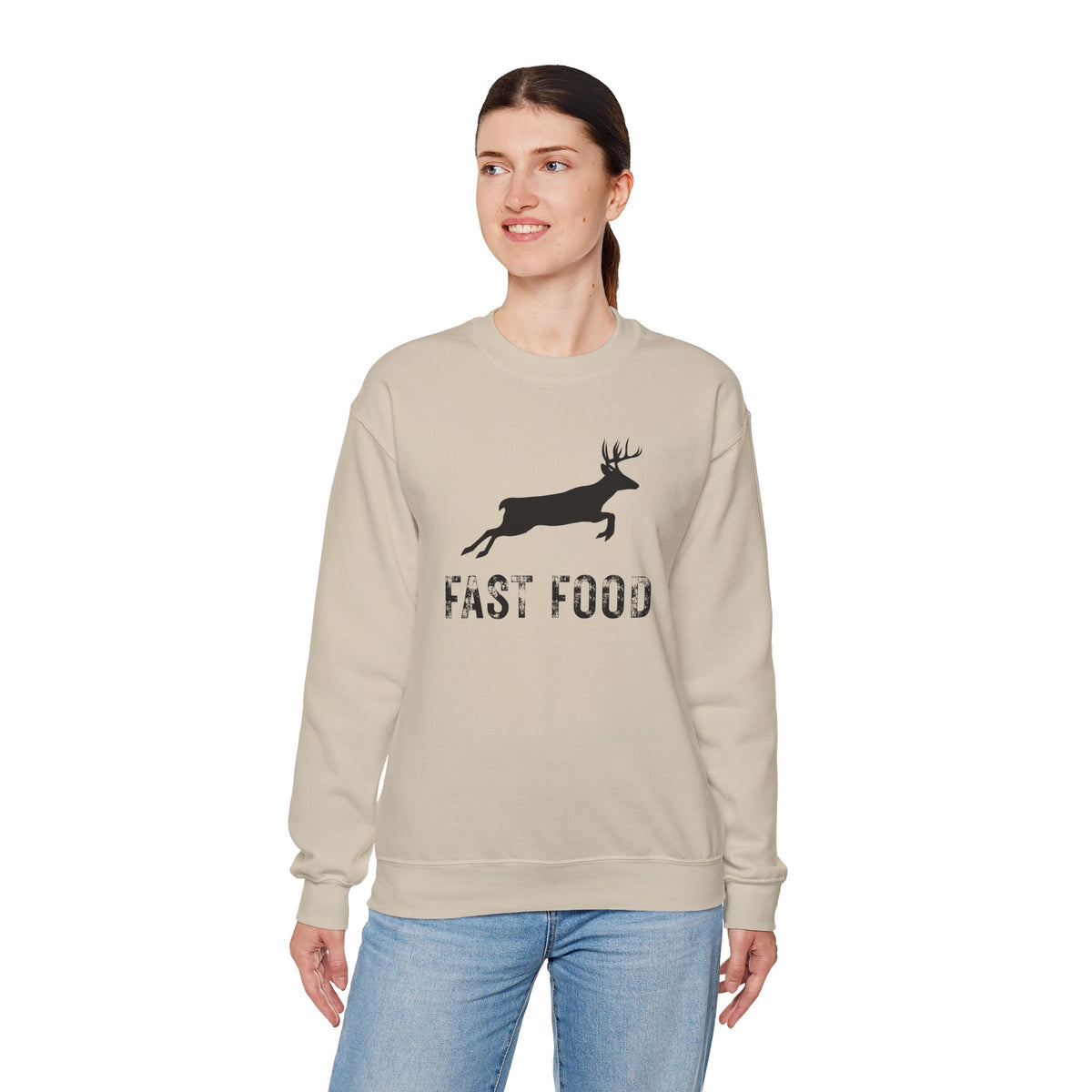 Fast Food Deer Hunting Humor Distressed – Gildan Heavy Blend | Trendy Men's and Women’s Soft Sweatshirt. Direct to Garment. Printed & Shipped in the USA. Unisex Sizes.