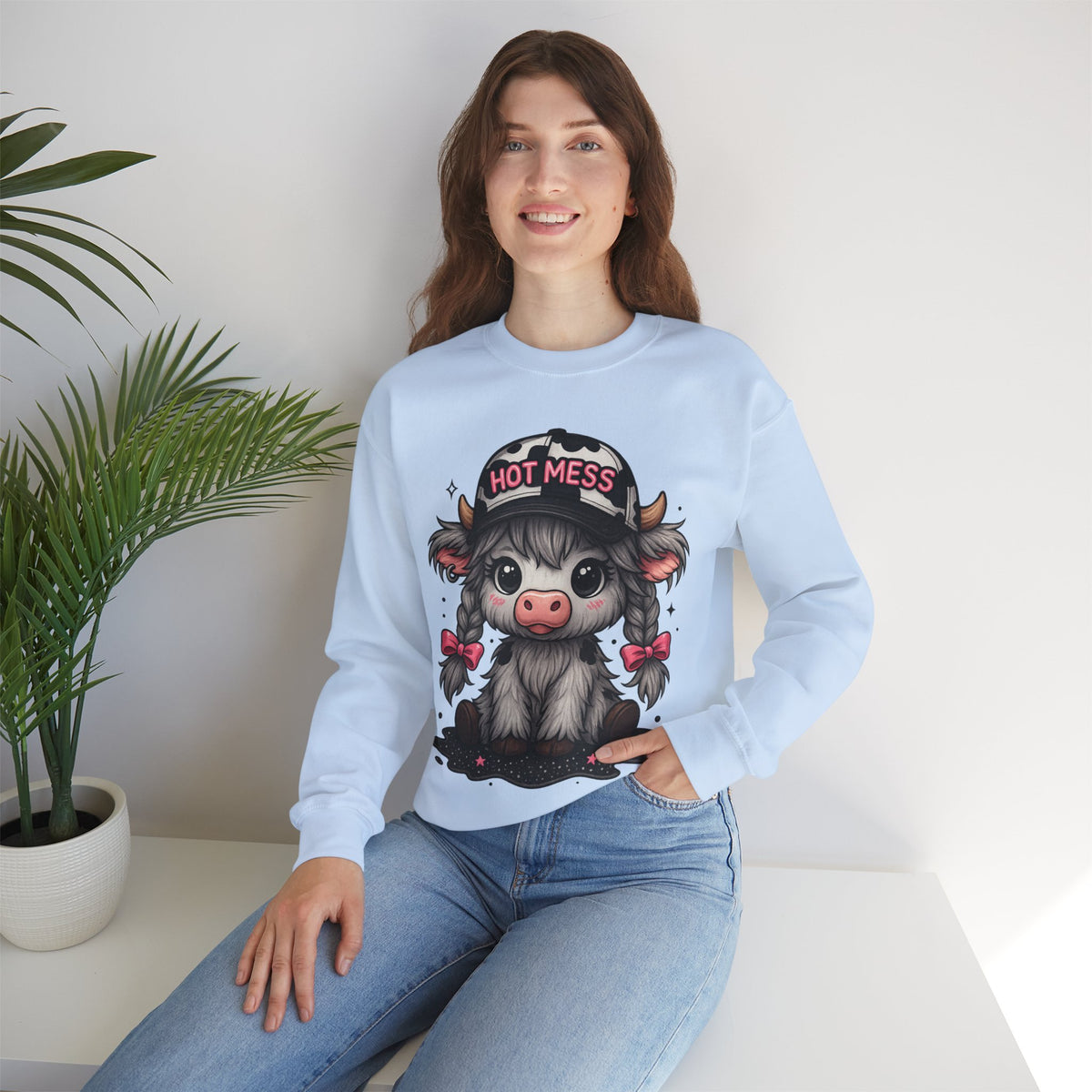Cute Highland Cow 'Hot Mess' In Braids – Gildan Heavy Blend | Trendy Women’s Soft Sweatshirt. Direct to Garment. Printed & Shipped in the USA. Unisex Sizes.