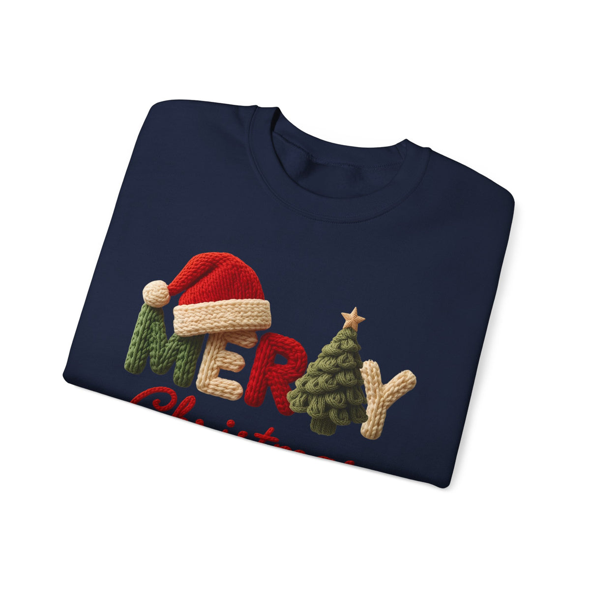 Merry Christmas Faux Yarn w/Santa Hat & Tree – Gildan Heavy Blend | Trendy Women’s Soft Sweatshirt. Direct to Garment. Printed & Shipped in the USA. Unisex Sizes.