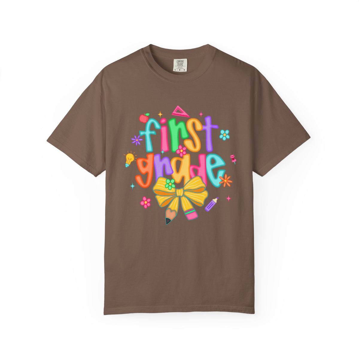 Coquette First Grade Pencil Bow - Comfort Colors | Trendy Women's T-Shirt. Direct to Garment. Printed & Shipped in the USA. Unisex Sizes.