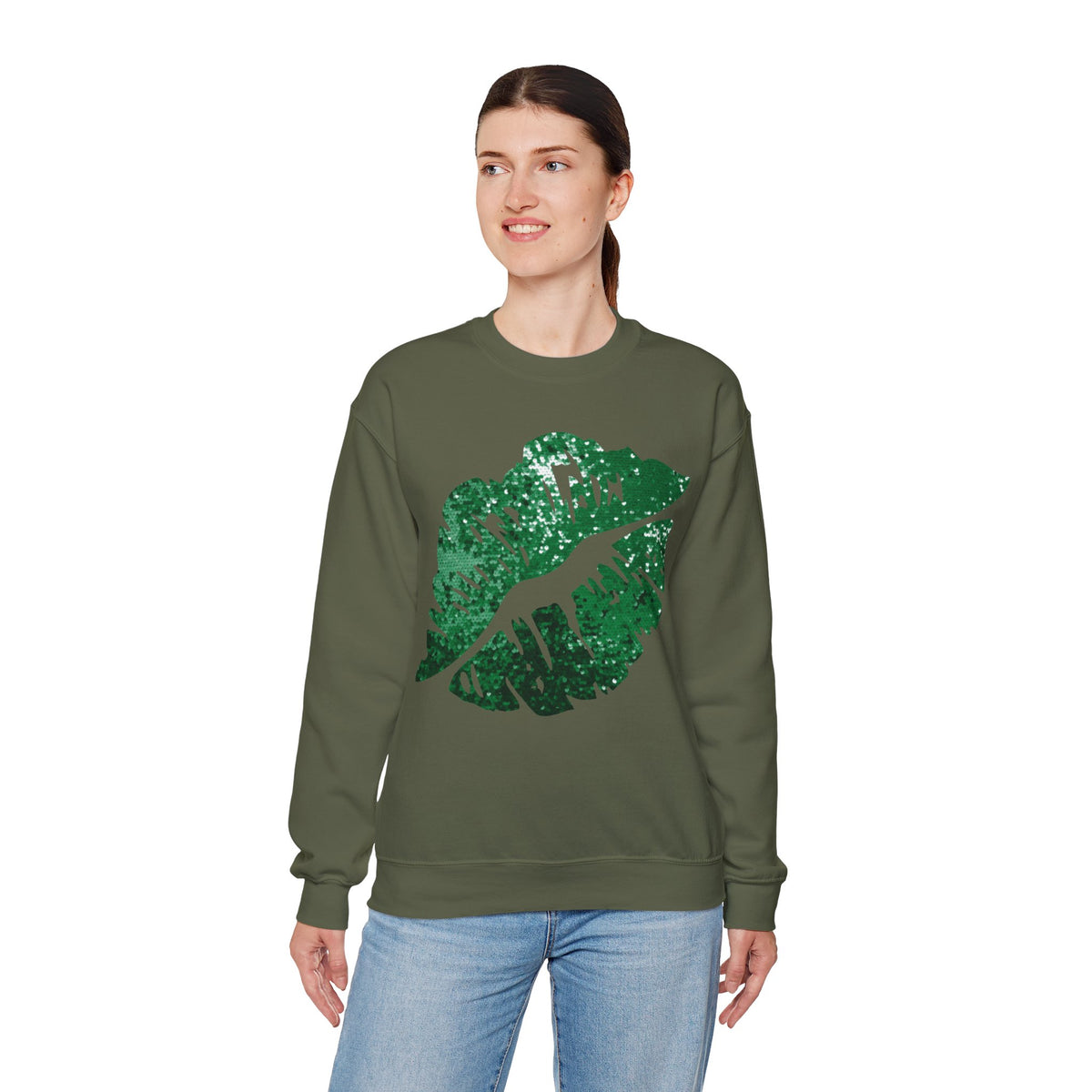 Green Faux Glitter Kiss – Gildan Heavy Blend | Trendy Women’s Soft Sweatshirt. Direct to Garment. Printed & Shipped in the USA. Unisex Sizes.