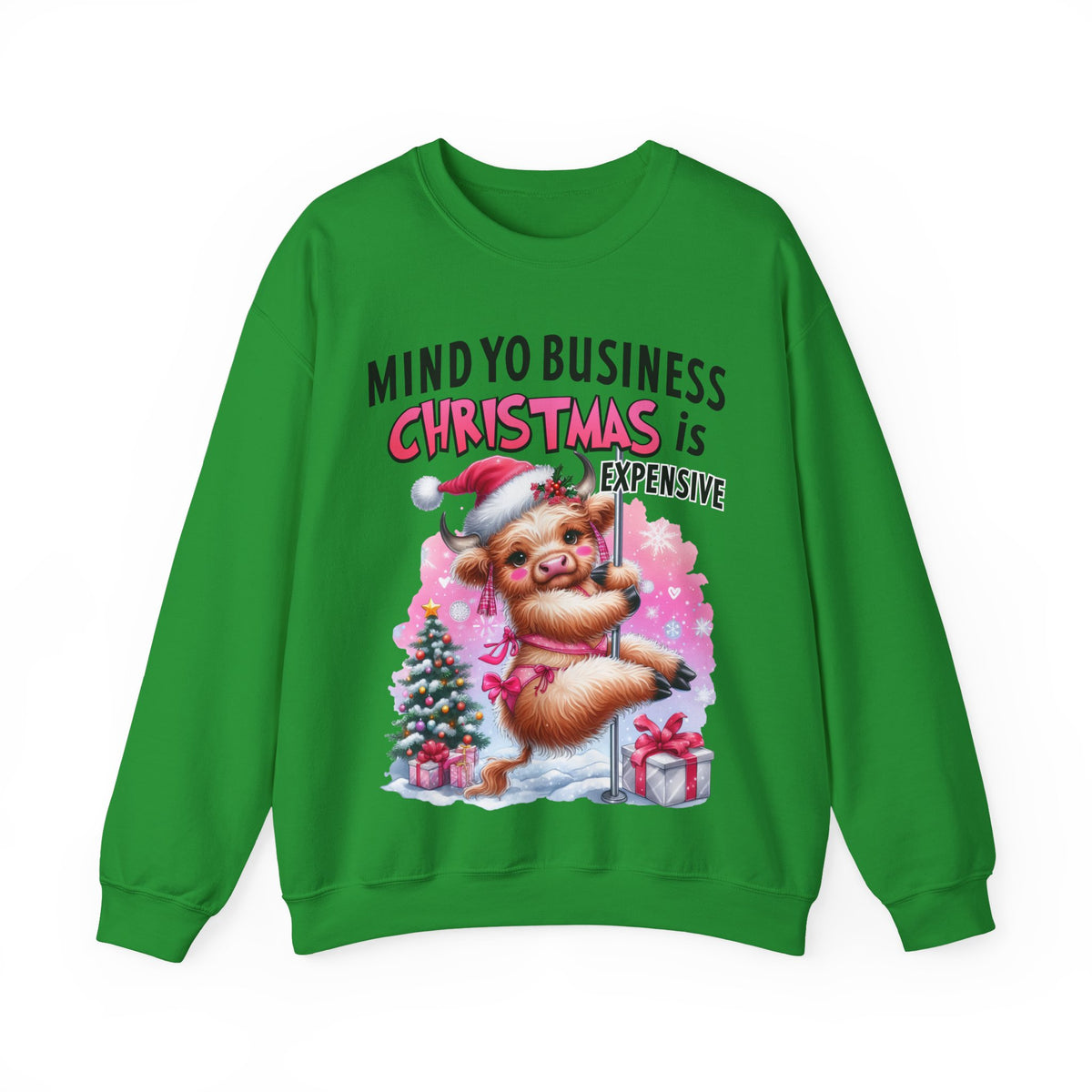 Highland Cow Mind Yo Business Christmas is Expensive – Gildan Heavy Blend | Trendy Women’s Soft Sweatshirt. Direct to Garment. Printed & Shipped in the USA. Unisex Sizes.