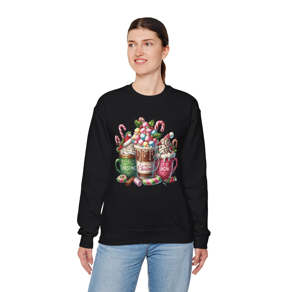 Hot Chocolate Mugs Christmas Hot Cocoa – Gildan Heavy Blend | Trendy Women’s Soft Sweatshirt. Direct to Garment. Printed & Shipped in the USA. Unisex Sizes.