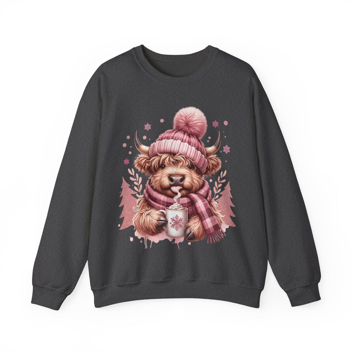 Cozy Highland Cow, Winter Coffee Mug & Scarf Pink – Gildan Heavy Blend | Trendy Women’s Soft Sweatshirt. Direct to Garment. Printed & Shipped in the USA. Unisex Sizes.